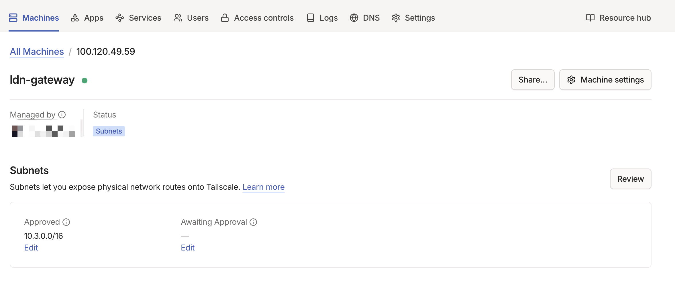Tailscale subnet router with approved routes